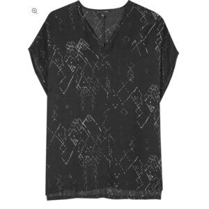Eileen Fisher Marrakesh Silk Top XS V Neck Black Art Casual Beach Boho Blouse